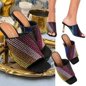 🆕 KURT GEIGER LONDON 🧿 NWOB Mayfair Rainbow Crystal High Mule Heel, Sz 36 US 6